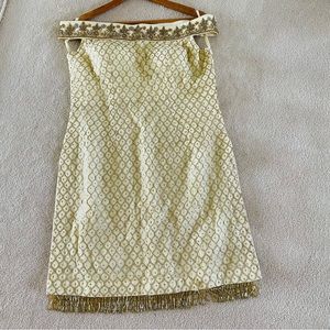 Off shoulder pale pastel yellow Indian sharara suit with beaded fringe